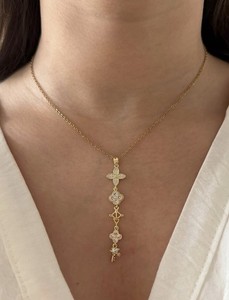 Authentic Yellow Gold Plated Crystal Pavé Cross Lariat Cable Chain Necklace Adjustable