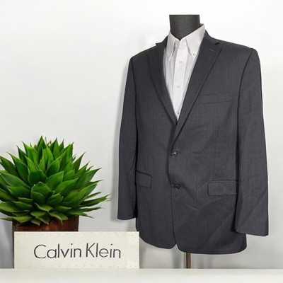 Calvin Klein Sport Coat Mens 44L Gray Solid Wool Two Buttons Double Vented