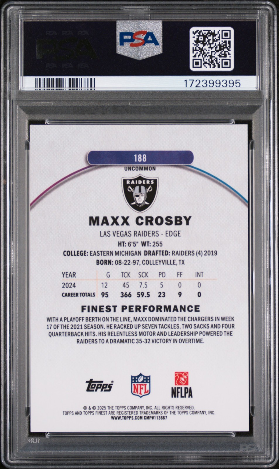 2025 TOPPS FINEST RED REFRACTOR #188 MAXX CROSBY 5/5 PSA 10 view 2