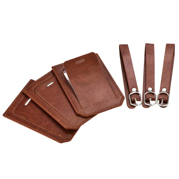 3Packungen GepäCkanhäNger Pu Halter 10X7Cm GepäCketikett Mit Riemen Braun-image