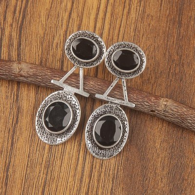 Oval Genuine Black Onyx Dainty Dangle Drop Sister Earrings 925 Sterling Silver