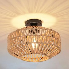 Bohemian Ceiling Light Hand-Woven Natural Rattan Flush Mount Hallway 30cm E27