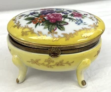 Norleans Japan Footed Oval Porcelain Trinket Box Floral Lid Yellow & Gold Body