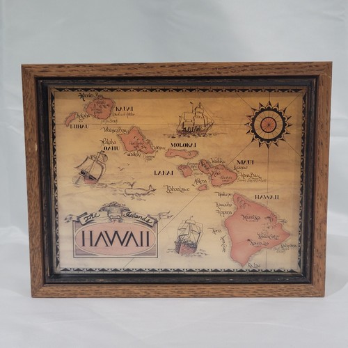 Vintage 1986 Hawaii Map Framed Art K&S Hawaiian Creations Honolulu Wood Frame