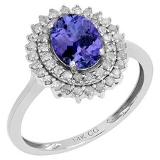 14k Solid White Gold Oval Natural Tanzanite  Double Halo Diamond Ring
