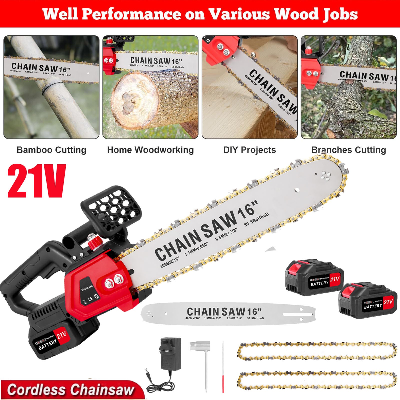16 inch Cordless Chainsaw,Electric Handheld Wood Cutter + 2Batteries + Charger