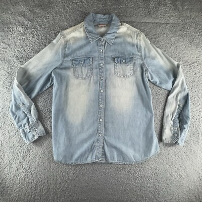 #ad VINTAGE Mossimo Shirt Womens XL Blue Chambray Acid Wash Denim Button Up $12.40