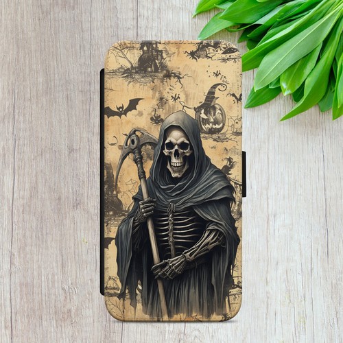 GRIM REAPER FLIP FOR IPHONE SAMSUNG GOOGLE GOTHIC ART WALLET PHONE CASE COVER - Picture 7 of 37