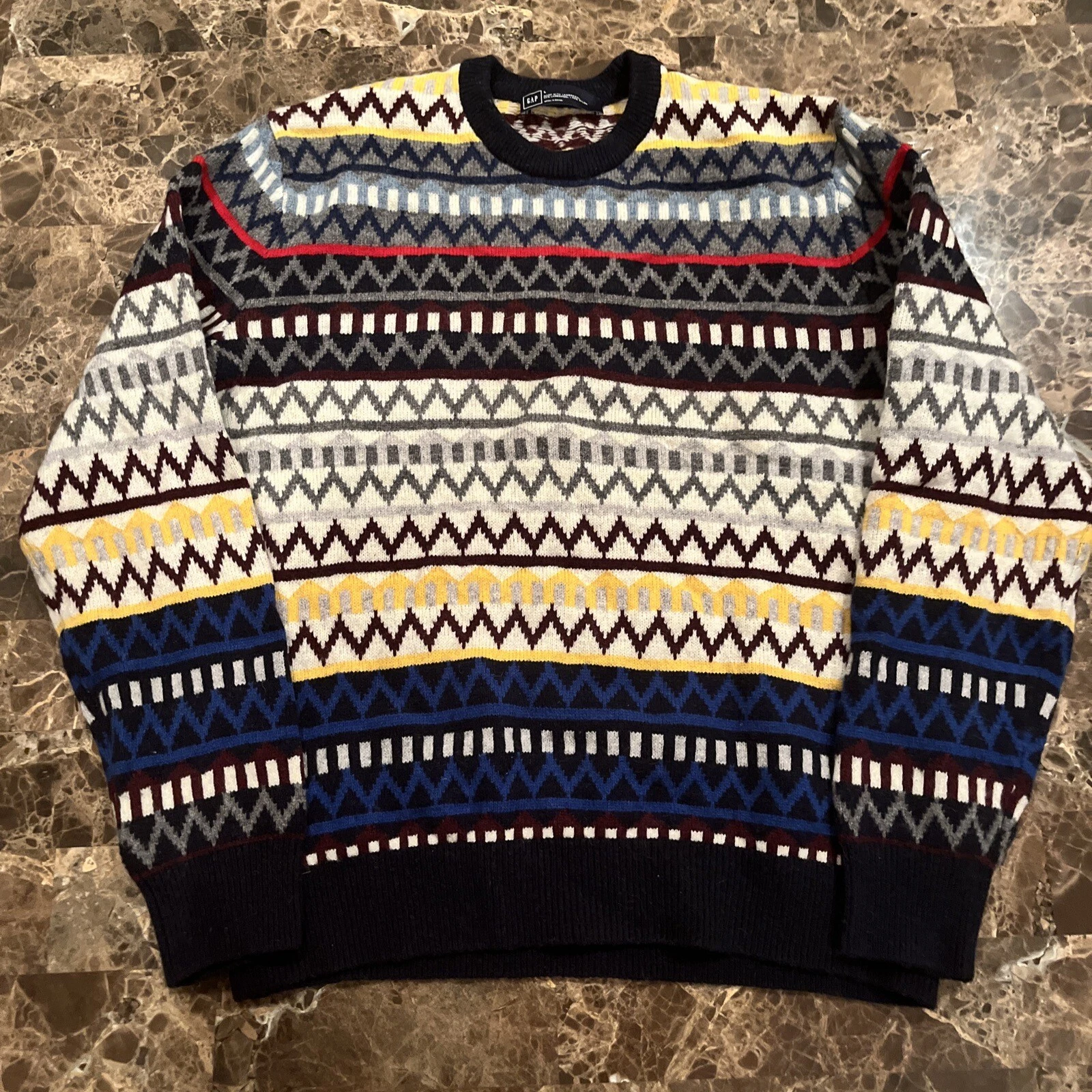 GAP Men's Large Nordic Lambswool Pullover Sweater Blue White Soft Cozy Preppy