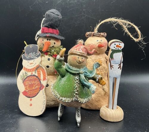 Vintage Primitive folk art rustic Snowman ornaments and signed clothespin figure - Picture 1 of 14