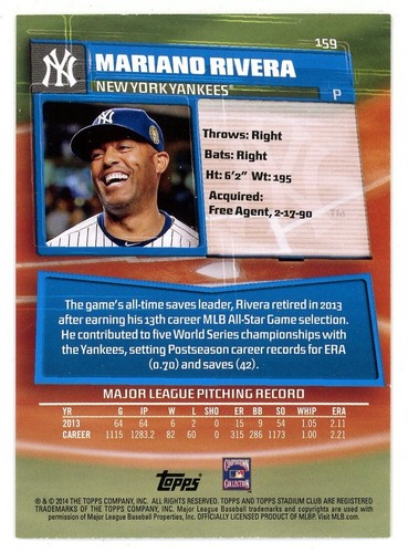 2014 TOPPS STADIUM CLUB #159 MARIANO RIVERA YANKEES BASE NM FRONT & BACK PICS - Picture 2 of 2