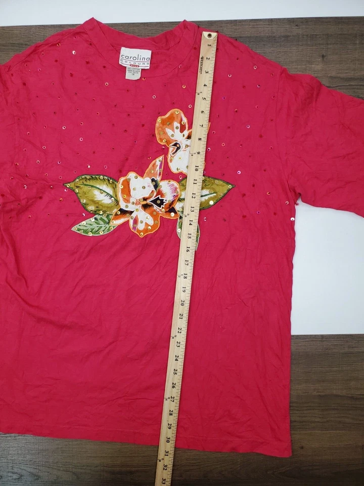 VINTAGE Mujer Talla Grande 1X Rojo Carolina Colores Flores Camisa Lentejuelas Camiseta XL Foto 3 de 4