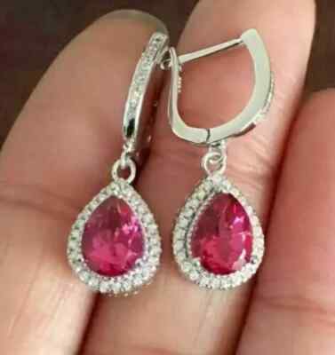 3Ct Pear Cut Simulated Red Ruby Halo Drop & Dangle Earring 14K White Gold Plated