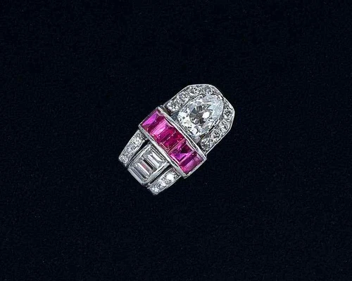 Pink Burmish Ruby & White CZ 3 CT 935 Silver Women's Unique Art Deco Buckle Ring