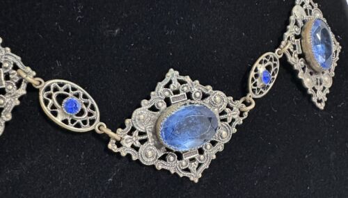 Antik viktorianisch tschechisch blau Glas filigran Latz Halsreif Halskette - Bild 4 von 14