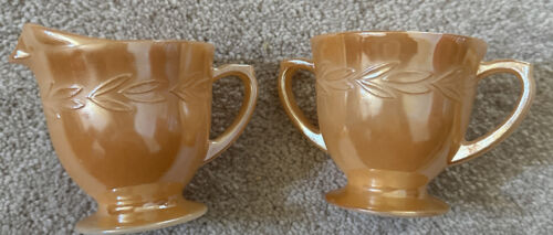 Peach Luster Ware Fire King Peach Iridescent Sugar And Creamer Leaf Pattern - Picture 1 of 4