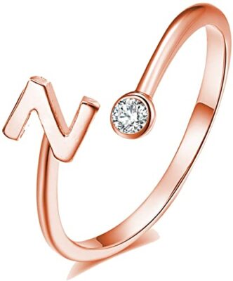 Cubic Zirconia Bezel Set Letter Z Ring 10k Rose Gold Plated
