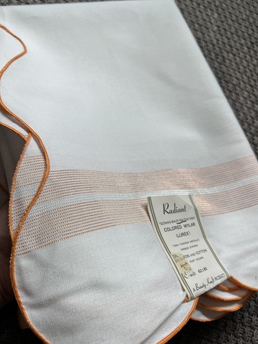 "Radiant" Beauty Kraft Vintage Lurex Striped Tablecloth 62x80 White w/Orange 70s