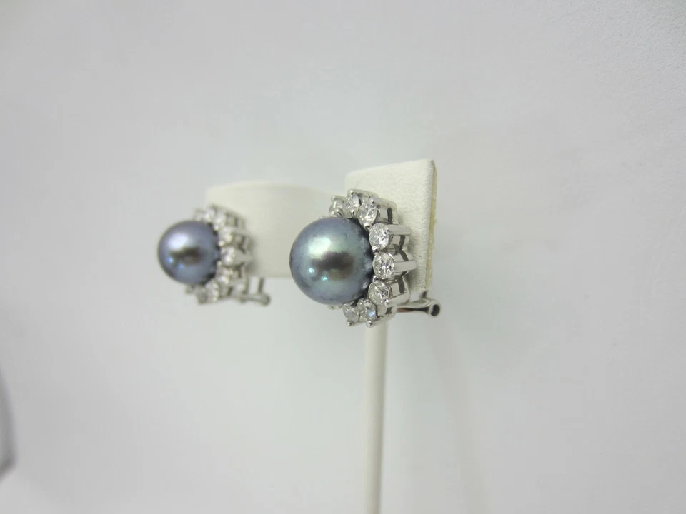 New 14K White Gold 9 mm Black Pearl and 1.75 Carat Diamond Earrings - Image 3 of 4