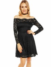Kleid Schwarz spitze Cocktailkleid  langarm Skaterkleid Abendkleid 36 38 40 42