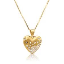 14K Real Solid Yellow Gold Drizzle Heart CZ Pendant Charm Necklace 18 in