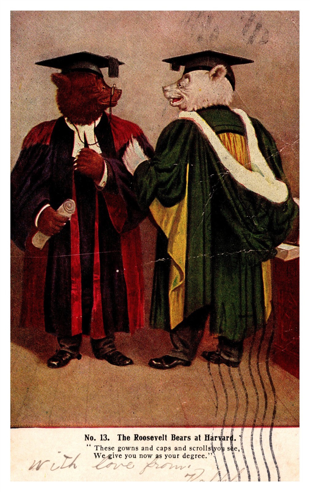 Vintage Anthropomorphic Harvard Roosevelt Bears Graduates C1907 UDB Postcard AF2