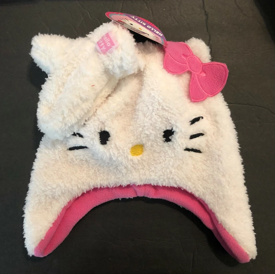 Hello Kitty Toddler Girl Fluffy Plush Trapper Hat w/Ears Fleece Lined + Mittens - Image 2 of 4