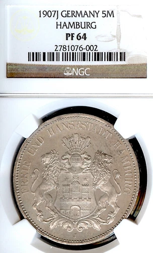 German States Hamburg 1907 5 Mark Coin Thaler Taler NGC PF 64 PROOF UNC RARE