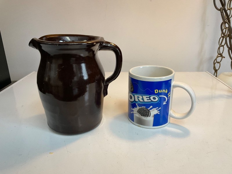 Antique albany slip glaze crock pitcher late 1800s as per AI few tiny lip chips