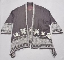 Johnny Was Linen Grey Embroidered Open Waterfall Front Kimono Cardigan Top XL