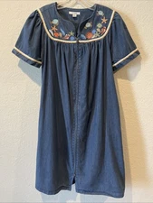 Small Go Softly Denim Muu Muu Zip Embroidered Patio Dress Seashells