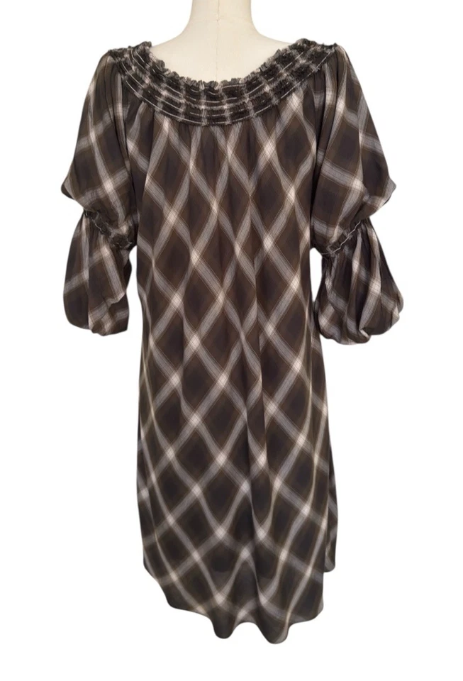 Max Studio Plaid Off Shoulder Boho Bell Sleeve Lined Pullover Dress Women's Sz L - Image 4 of 4