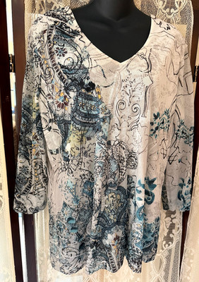 Chico's Encrypted Paisley Brittania 3/4 Sleeve Light Grey Tee Sze 3 (XL) NWT