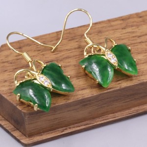 Authentic Gold Plated Alloy Heated Green Jade Butterfly Charm Dangle Earrings 28mm H