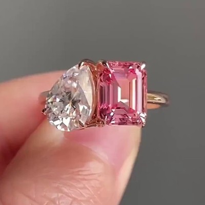 Rosa Smaragd & Birne Moissanit Toi et Moi Verlobungsring 14K Gelbgold vergoldet