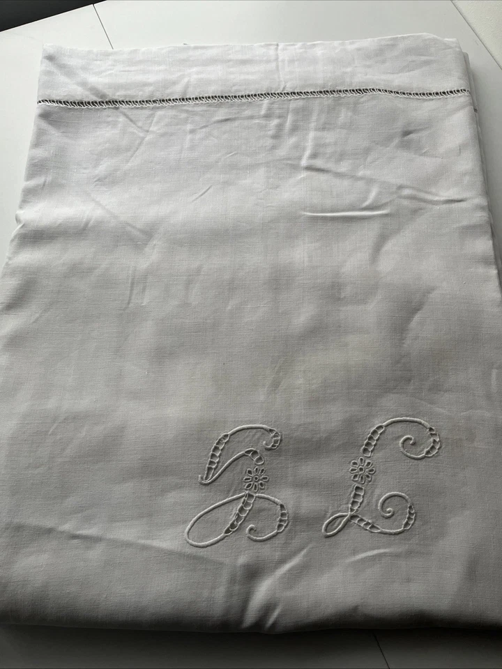 Antique French 100% Linen Trousseau Sheet Monogrammed Ladderwork Chateau King - Image 2 of 4