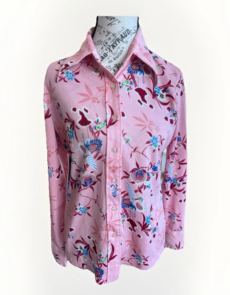 Винтажный 70-х Lerner магазины розовый богемное птицы и цветочный длинным рукавом на пуговицах Топ - Изображение 2 из 4