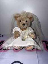 Vintage 14" Movable Leg Wedding Teddy Bear W Flower Bouquet & Pearl Necklace