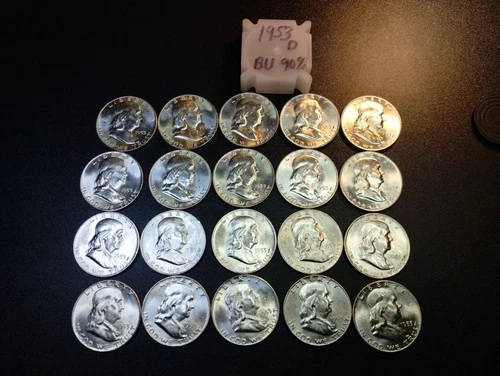 1953 D Franklin Half Dollar BU. 90%  Fine Silver 20 Coin Roll.