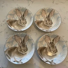 Williams Sonoma Damask Bunny Cereal Soup Bowl Blue Floral Rabbit  7.5" LOT of 4