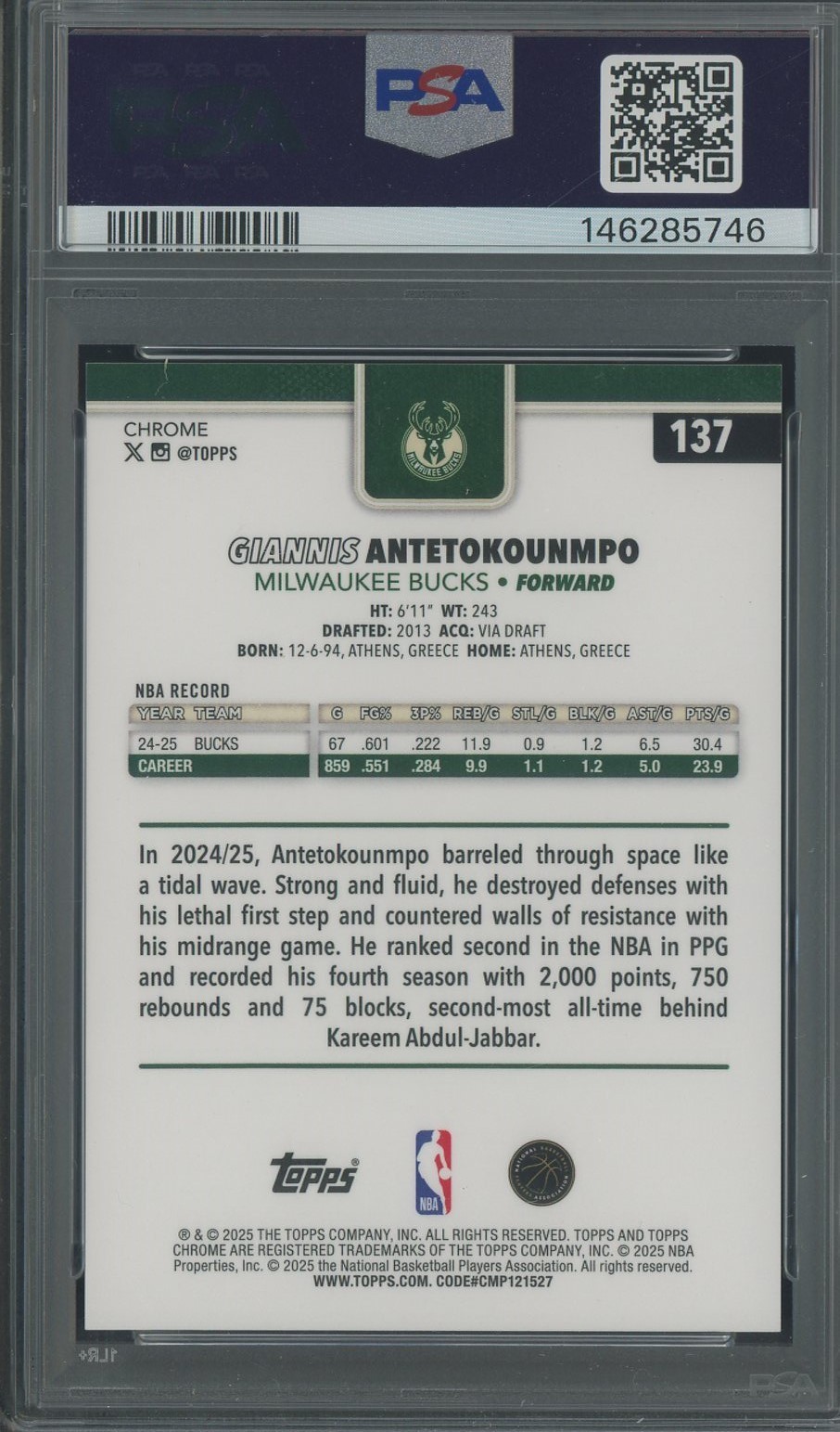 2025-26 Topps Chrome Orange Geometric #137 Giannis Antetokounmpo /25 PSA 10 view 2