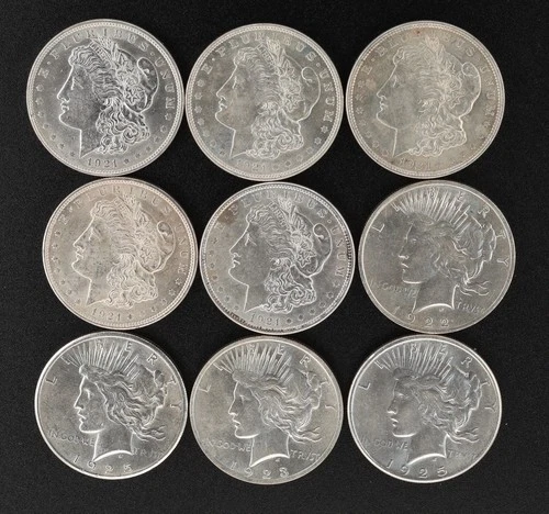 BU Gem 1921 Morgans & BU/AU Peace Dollars 1922, 23,25- 90%Silver -Lot Of 9 Coins