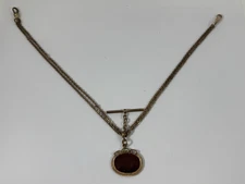 Antique Pocket Watch Chain With Cameo Stone Fob - Slide & Bar