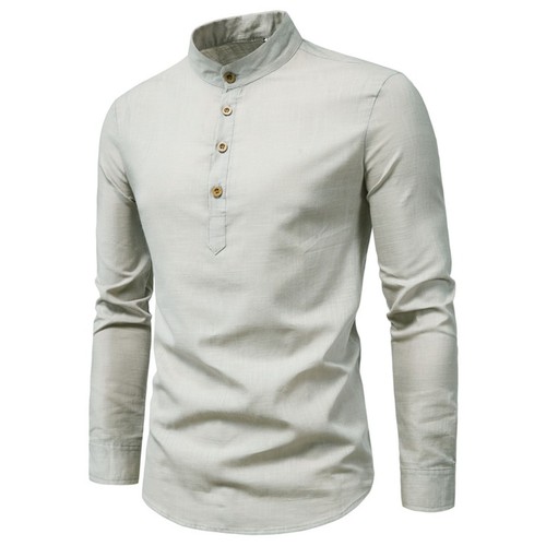 Mens Casual Cotton Shirt Long Sleeve Stand Collar Pullover Button Henley T-shirt - Picture 40 of 46