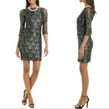 Erin Fetherston Black Lace Silver Sheath Mini Dress