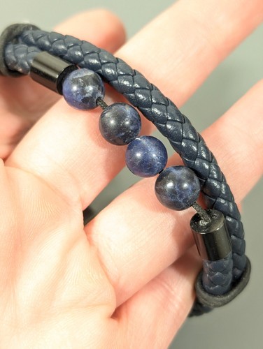Blue Stone Braided Leather Cord Magnetic Bracelet Stainless Steel 8 inch - Picture 8 of 9