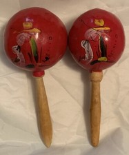 Vintage MARACAS Hand Painted in Mexico Set of 2 RED 7.25  long Music Shakers