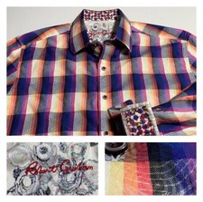 Robert Graham Bright Plaid Hypnotic Swirl Shirt Multicolor Contrast Cuffs L