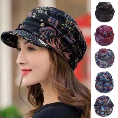 BRANDED Women Printed Hat Hair Loss Chemo Headwear Beret Beanie Peaked Short Brim Caps