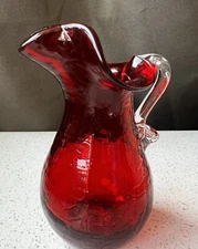 Blown Glass Red Vase Pitcher 5” Applied Clear Handle Crackle Style Fluted Rim